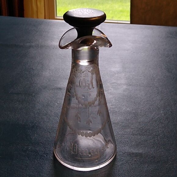 Vintage Etched Glass Oil and Vinegar w/Sterling Silver stopper possible RKK top